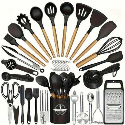 Kit 44 Utensílios de Cozinha Silicone e Madeira Antiaderente Preto Elashopp