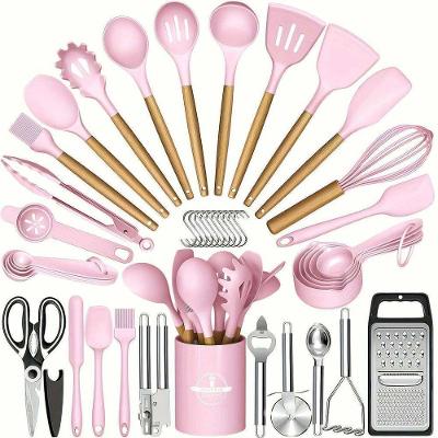Kit 44 Utensílios de Cozinha Silicone e Madeira Antiaderente Rosa Elashopp