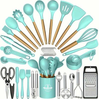 Kit 44 Utensílios de Cozinha Silicone e Madeira Antiaderente Menta Elashopp