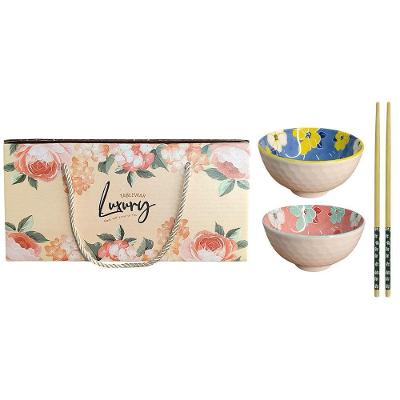 Kit Bowl de Cerâmica LH703 com Palitinhos Madeira Estampa Floral Rosa e Azul Lila By Milano