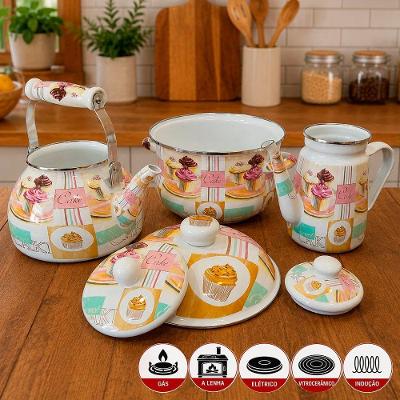 Kit Caçarola Bule e Chaleira Esmaltada Cake Ferro Fundido Cake Brasil