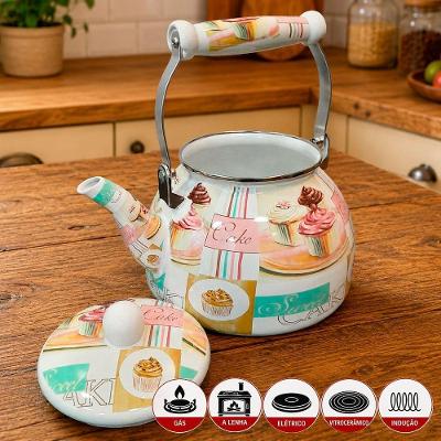 Chaleira Esmaltada Cake Ferro Vintage 2,5L Todos Fogões Branca Charm