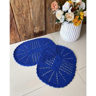 Kit 2 Tapetes Oval 55CM X 40CM Crochê Algodão para Banheiro Azul Royal Artesanal