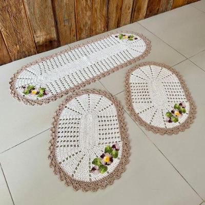 Kit Tapete e Passadeira Oval 3 Peças Crochê Bordado Cozinha Chocolate Cristal