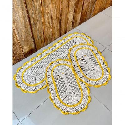 Kit Tapete Crochê Oval 3 Peças 78CM X 50CM Algodão para Cozinha Amarelo