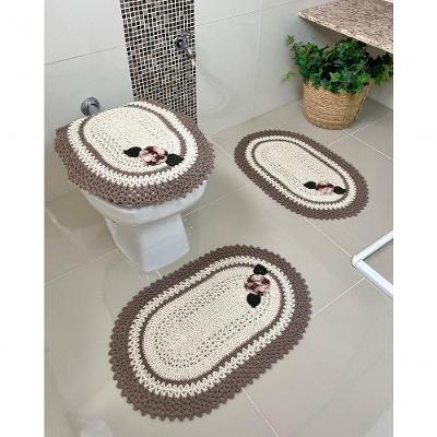 Jogo de Banheiro Crochê 3 Peças Bordado Flor Café com Leite Artesanal