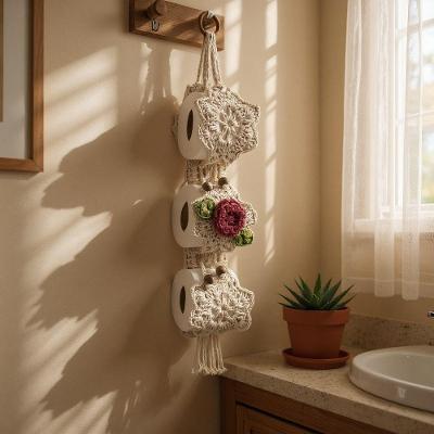 Porta Papel Higiênico Crochê Flor Bordado 3 Lugares Terracota Artesanal