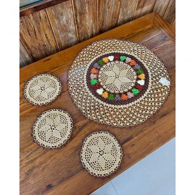 Jogo de Copa Ponto Segredo 4 Peças Crochê Artesanal Flores Coloridas Tons Inverno