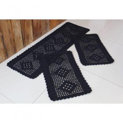 Kit Tapetes e Passadeira Cozinha 3 Peças Losango Crochê Artesanal Preto