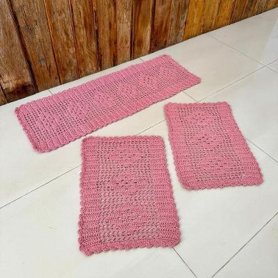Kit Tapetes e Passadeira Cozinha 3 Peças Losango Crochê Algodão Rosê