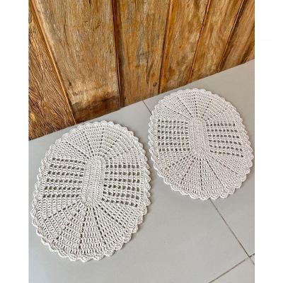 Kit 2 Tapetes Oval 55cm X 40cm Crochê Algodão para Banheiro Creme
