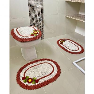 Jogo de Banheiro em Crochê com Flores 3 Peças Terracota Artesanal
