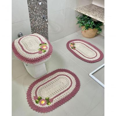 Jogo de Banheiro em Crochê Artesanal 3 Peças com Flores Rosê