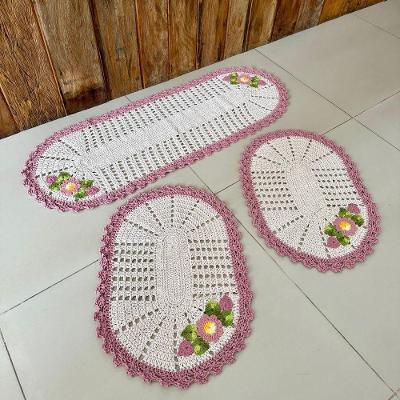 Kit Tapete e Passadeira Oval 3 Peças Crochê Algodão Bordado Rosê