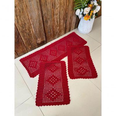 Kit Tapete e Passadeira Cozinha 3 Peças Losango Crochê Algodão Vermelho