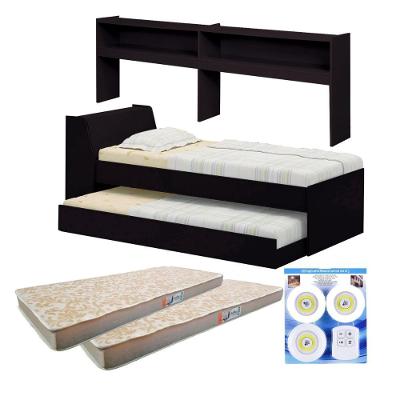 Bicama com Estante Solteiro BB2829 Kit Luz 2 Colchões MDF Preto Ditália Móveis