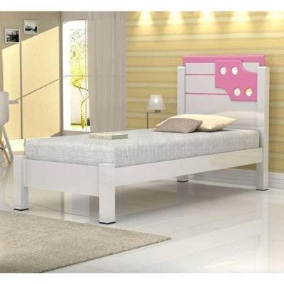 Cama Solteiro Luíza Aplique Espelho MDF Branco e Rosa Vitamov