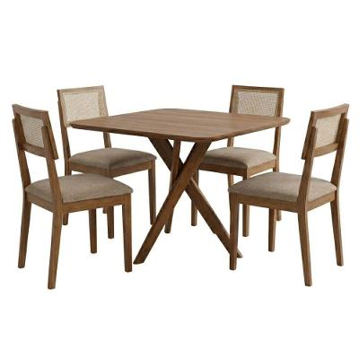 Conjunto Jantar Cacau Encanto 4 Lugares MDF Cadeiras Linho Bege Milani Movelaria