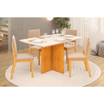 Conjunto Jantar Hera 4 Lugares Tampo MDF Vidro Cadeiras Suede Cedro 120CM DJ Móveis