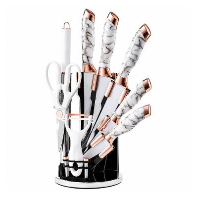 Jogo de Facas Chaira Tesoura e Descascador 9 Peças Aco Inox Cozinha Rose Gold Branco