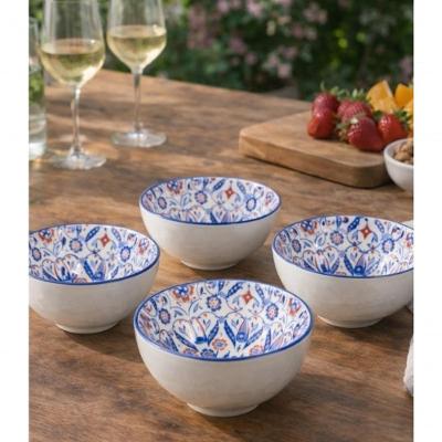 Jogo de Bowls Boho Mediterrâneo em Porcelana Estampada com Caixa Presente Azul e Vermelho Dela Home