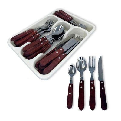 Kit Faqueiro 25 Peças Cabo Madeira Aço Inox com Porta Talher Amadeirado Fratelli