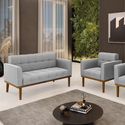 Conjunto Poltrona e Namoradeira Karen Suede Pés Madeira Cinza Gran Belo