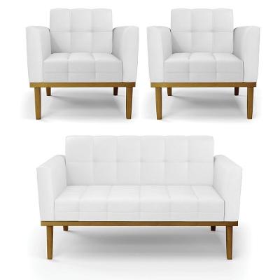 Conjunto Poltronas e Namoradeira Karen Veludo Pés Madeira Branco Gran Belo