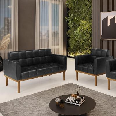 Conjunto Poltrona e Namoradeira Karen PU Preto Brilho Pés Madeira Gran Belo