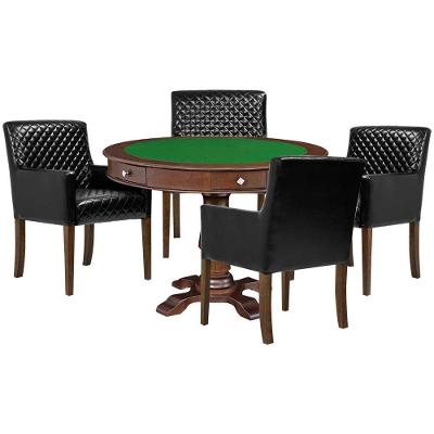 Kit Mesa Carteado Victoria Redonda 4 Lugares Tampo MDF Imbuia 110CM Gran Belo