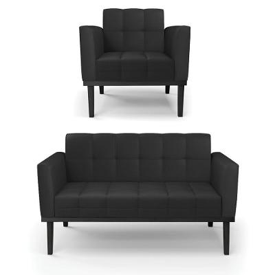 Conjunto Poltrona e Namoradeira Karen Couro Sintético Preto Gran Belo