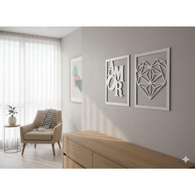 Par Quadro Decorativo Coração Amor Orgânico 25x20CM MDF Fita Dupla Face Branco Mix