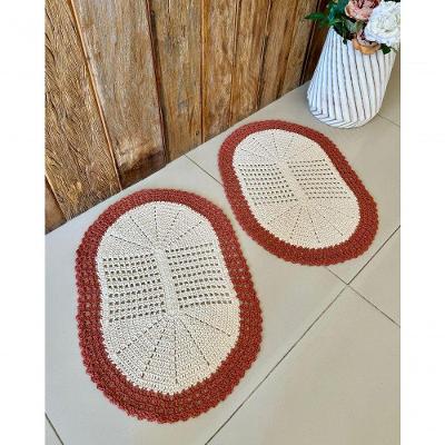 Kit 2 Tapetes Oval 65x45cm Crochê Algodão para Banheiro Terracota Artesanal