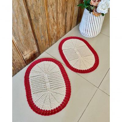 Kit 2 Tapetes Telinha Crochê Oval 65x45CM Algodão para Banheiro Vermelho Artesanal