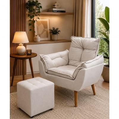 Kit Poltrona Opala com Puff Quadrado Suede Fibra Siliconada Bege Sonho das Poltronas