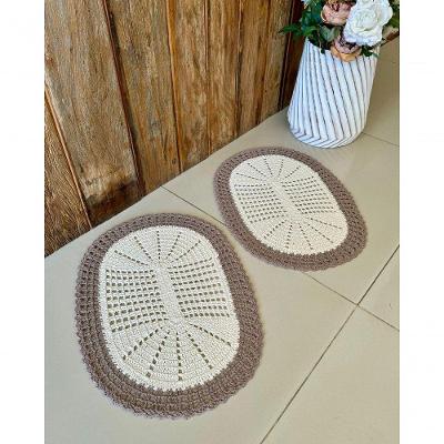 Kit 2 Tapetes Oval Telinha Crochê 65x45CM Algodão Café com Leite Artesanal