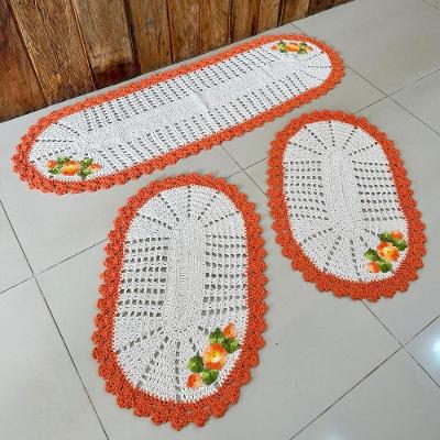 Kit Tapete e Passadeira Oval 3 Peças Crochê 85% Algodão Laranja