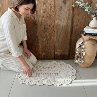 Tapete Oval Leque Crochê 85% Algodão 70x45cm Creme
