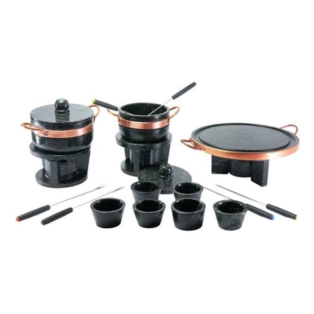 Kit Fondue De Pedra Sabao Chapa 32 Cm + Panelas De 500 E 800 Ml + 6 Cumbucas + 6 Garfinhos - 1