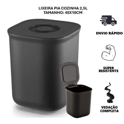 Lixeira Pia Cozinha 2,5L Plástico Tampa Manual Preto