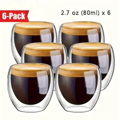 Kit 6 Xícaras Parede Dupla Vidro Borossilicato 80ML Café Transparente