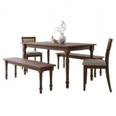 Conjunto Jantar Rubi 6 Lugares Madeira Maciça com Bancos e Cadeiras Café 160CM Milani