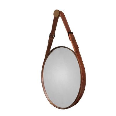 Espelho Decorativo Fine Redondo 55CM Alça Couro Sintético Marrom Lar Flex Móveis
