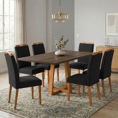 Conjunto Jantar Julia 6 Lugares Freijó Cadeiras Heloísa Almofadadas Preto Linho Ideal Decor