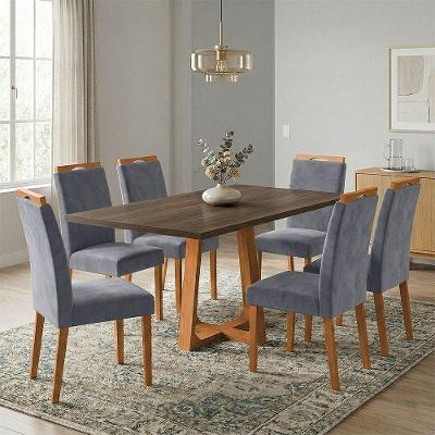 Conjunto Jantar Julia 6 Lugares Freijó Cadeiras Heloísa Cinza Veludo 160CM Ideal Decor