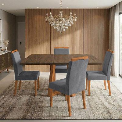 Conjunto Jantar Isabela 4 Lugares Freijó Cadeiras Heloísa Cinza Veludo 120CM Ideal Decor