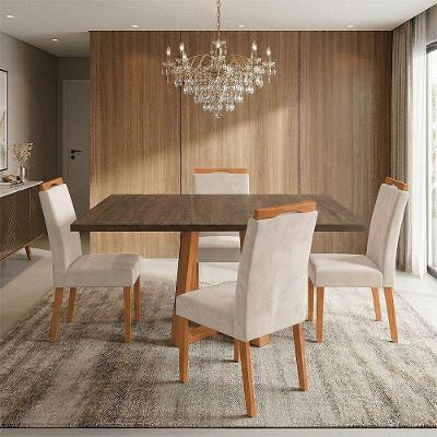 Conjunto Jantar Isabela 4 Lugares Freijó Cadeiras Heloísa Bege Veludo 120CM Ideal Decor