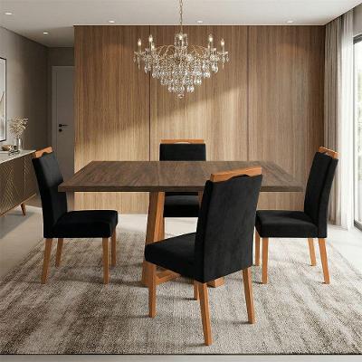 Conjunto Isabela 4 Lugares Freijó Cadeiras Heloísa Almofadadas Preto Veludo Ideal Decor