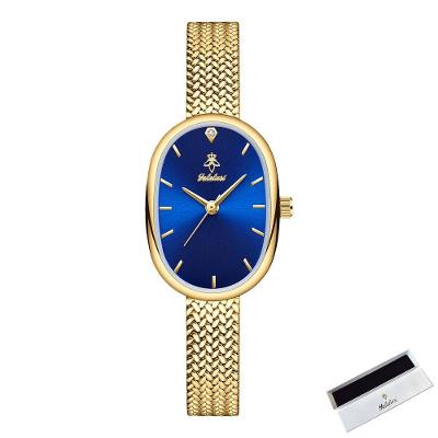 Relógio de Pulso Feminino Quartzo Aço Inox Mostrador Oval Azul Sanda