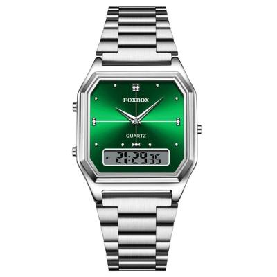 Relógio Feminino Casual Aço Inox Duplo Display LED Verde Prata Foxbox